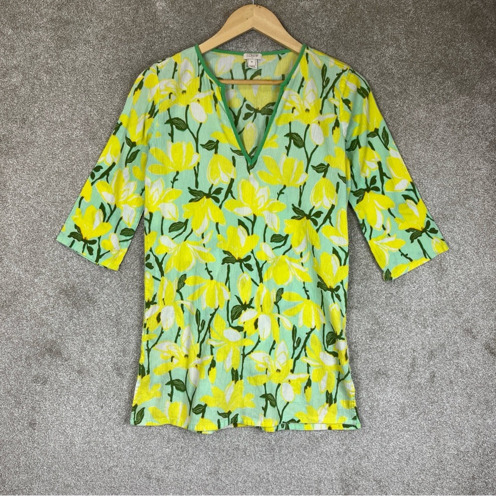 J Crew Tunic Womens Extra Small Yellow Floral Cotton 3/4 Sleeve Cotton- 4201